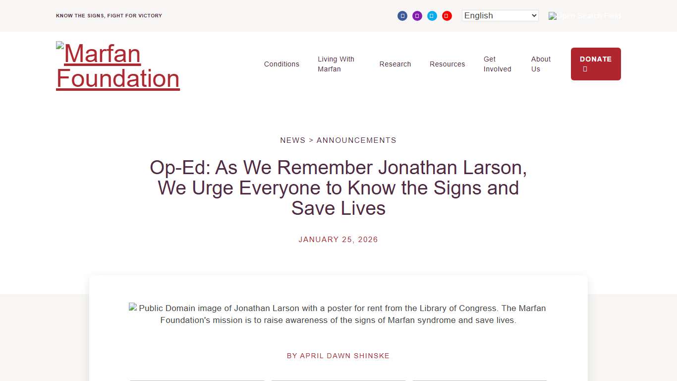 Op-Ed: As We Remember Jonathan Larson, We Urge Everyone to Know the Signs and Save Lives - Marfan Foundation